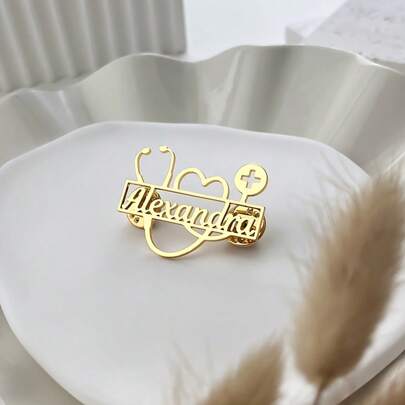 1pc Elegant Customizable Stainless Steel Caduceus Brooch - Personalized Doctor Name Badge With Heart And Cross Design, Nurse Gold Medical Jewelry, Men's Fashion Accessories