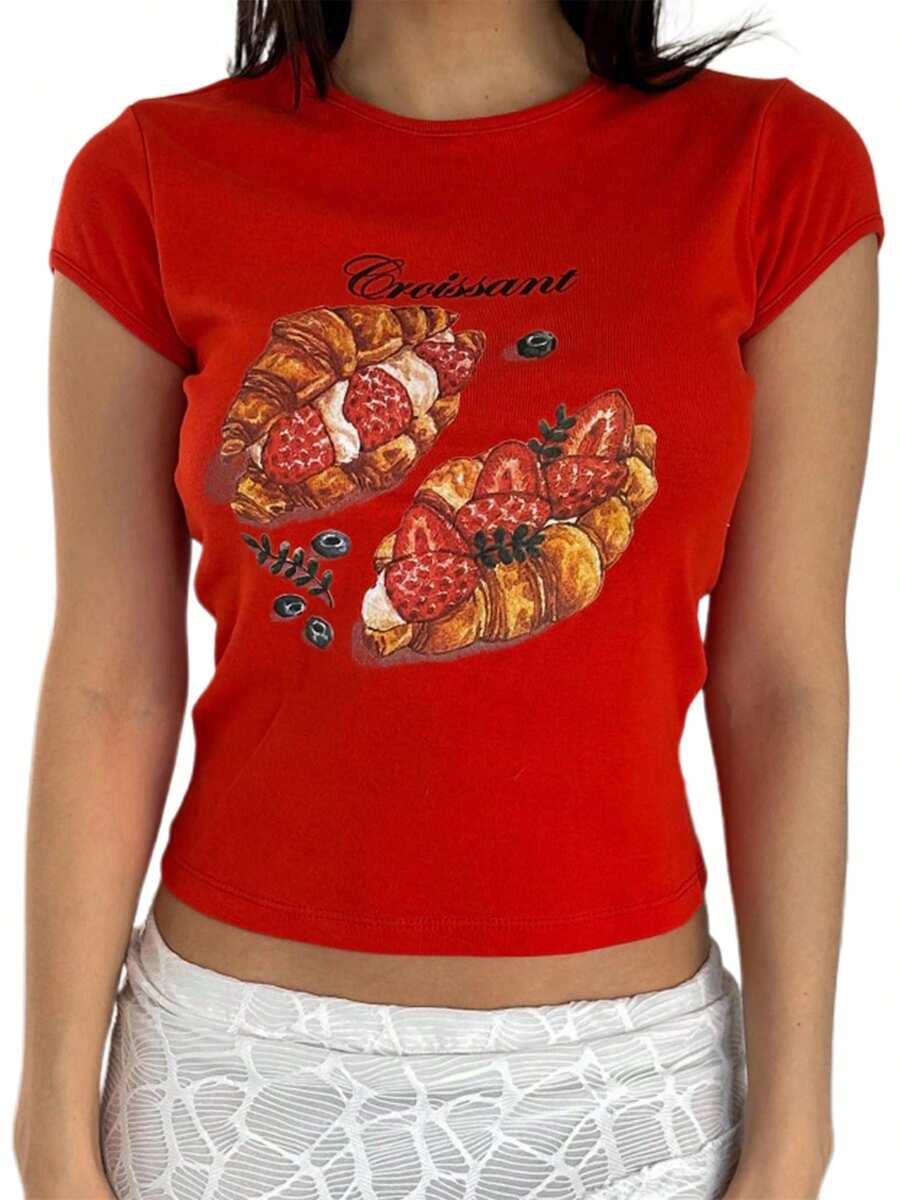 Women's Short Sleeve T-Shirts Floral/Croissant Pattern Round Neck Summer Cute Casual Tops