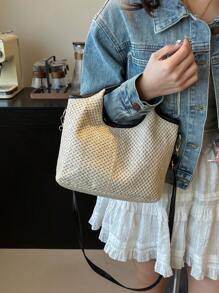 休闲轻便拼色编织单肩手提包，多功能购物袋。时尚编织手提包，设计女士手拿包，晚装包。复古大容量编织沙滩包，度假单肩斜挎包