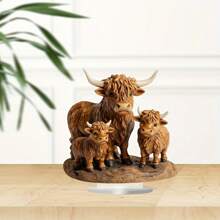 1pc Flat 2D Highland Cow Statue, Boho Quartz Crystal Tabletop Decor, Multi-Purpose Animal Themed, Suitable For Home, Office, Cafe, Classroom - Shaggy Cow Figurine, In English Gifts Birthday Graduation