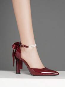 春季新款时尚蝴蝶结黑色和酒红色粗跟尖头高跟鞋，法式浅口百搭鞋，适合宴会、婚礼