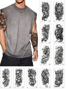 11 张临时纹身成人男士黑色纹身半袖套装，包括狮狼虎龙图案、身体、手臂、胸部、肩部防水假纹身贴纸 - 黑色 - 查看 7