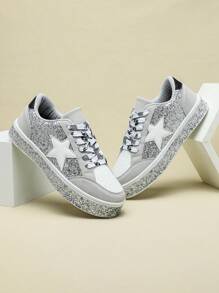 Silver Star Decoration Sequins Men's Versatile Fashion Eye-Catching Men's And Women's Casual Low-Top Walking Shoes Shoes Versatile Comfortable Breathable Sports Fitness Running Shoes Suitable For Holiday Parties And Gifts New 2025 Men's Sports Shoes