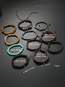 11 pièces Bracelet vintage en turquoise, en PU perles en bois, métal fait main tressé, parure de bijoux de décoration empilable unisexe, sans boîte