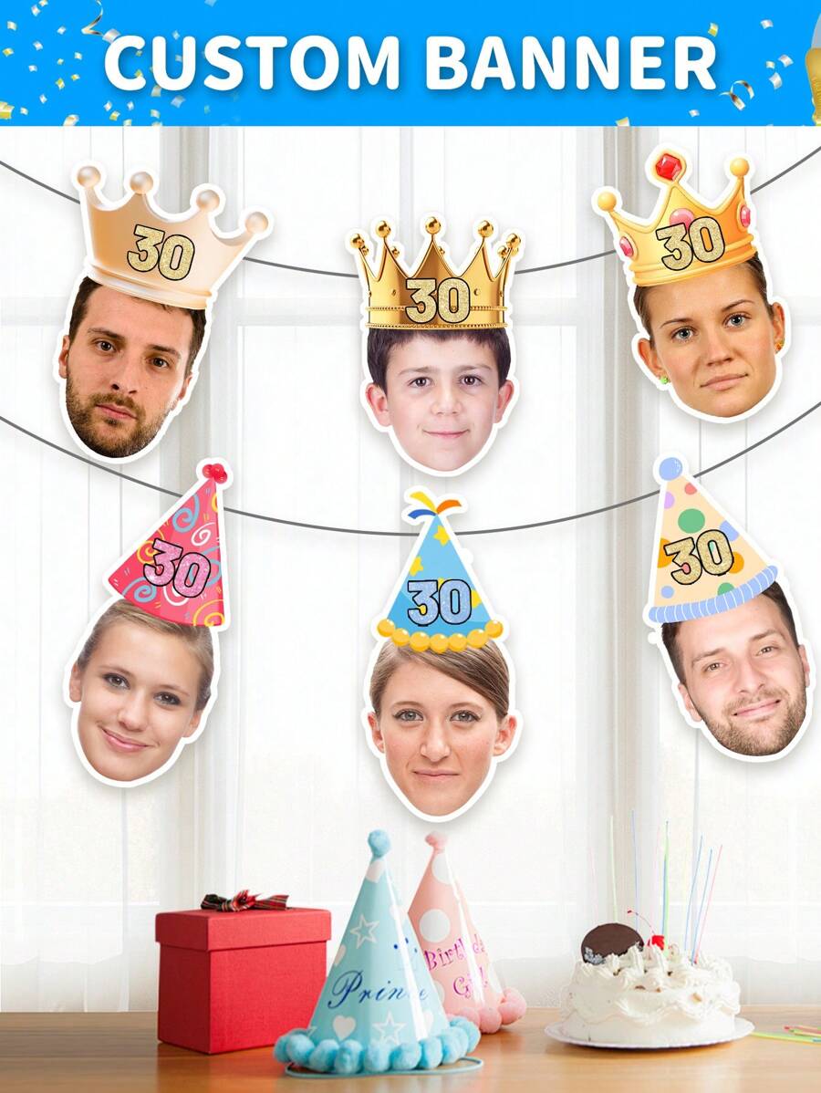 Custom Birthday Hat Face Banner, Crown And Birthday Hat Design,Custom Bday Face Photo Banner, Birthday Banner, Custom Head On A Banner(6 Designs), Ornamental,Reusable,Multi-Functional,Stylish,Exquisite,High-Quality,Custom,Personalized,Unique,Ideal Gifts For Him,Ideal Gifts For Her,Her,Boyfriend,Girlfriend,Dad,Mom,Family,Friends,Son,Daughter,School Students,Workers,Youth,Office,Tea Room,School,Home,Customized Banners & Pennants,Chic Autumn,Xmas Decoration,For Housewarming - Multicolor - View 1