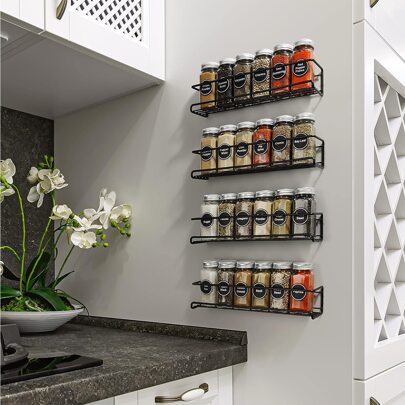 2pcs Black Spice Rack, Spice Container Kitchen Storage Rack, Wall Mounted With Screws Or Adhesive No Drilling Required, Cabinet Organizer Space-Saving, Suitable For Home Organization