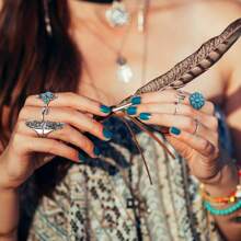 Western Jewelry For Women Bohemian Turquoise Jewelry Set Turquoise Pendant Choker Necklace Turquoise Faux Leather Cuff Bracelet Turquoise Hoop Dangle Earrings Turquoise Joint Knuckle Rings