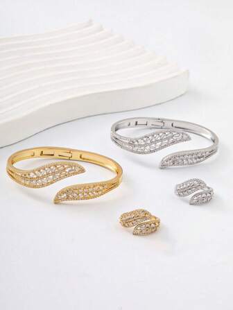 1 套简约奢华双叶微镶锆石手链和戒指套装女士