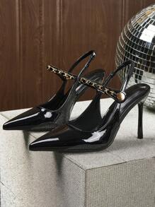 Women's Patent Leather Chain Decor Sexy Pointed Toe Stiletto High Heel Sandals, Fashion French Style
