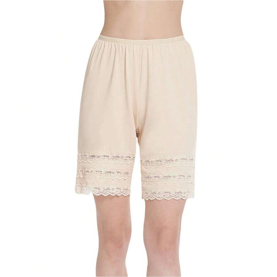 Women Loose Half Slip Shorts Loose Fit Lace Trim Pettipants Culotte Slip Bloomers Split Underwear Shorts Summer Pajama Shorts Sleepwear - 膚色 - 查看 1
