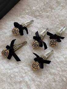 1 Pair Black Velvet Bowknot Simulated Copper Vintage Camellia Hair Clips