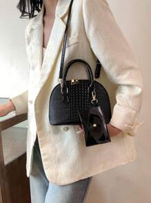 女士时尚简约手提贝壳包简约流行单肩包休闲斜挎包女士礼物送给妈妈 - 黑色 - 查看 6