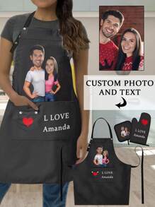 Customized 3-Piece Kitchen Apron Set, Personalized Couple Portrait Apron, Heat Resistant Gloves, Heat Resistant Pad. Suitable For Cooking, Industrial Production, Household Chores, Outdoor Grilling. Hand Or Machine Washable. Multiple Colors Available. Perfect Gift For Her/Him On Birthday, Anniversary, Christmas