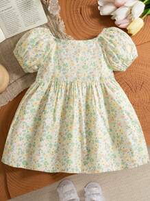 Summer Baby Girl Puff Sleeve Bow Decorated Sweet Princess Dress, Girls Party Holiday Dress - Green - View 2
