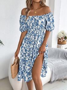 Women's Casual Vacation Elastic Drawstring Short Sleeve Ditsy Floral Dress, Spring/Summer