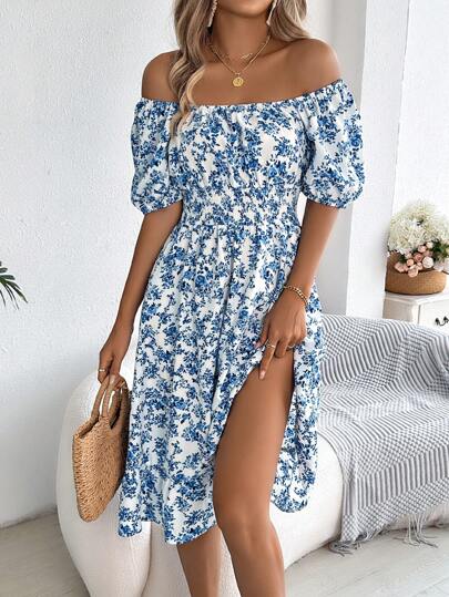 Women's Casual Vacation Elastic Drawstring Short Sleeve Ditsy Floral Dress, Spring/Summer Elegant