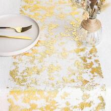 1pc Rectangular Table Runner, 275*28CM, Gold Sequin Shiny Aluminum Foil Mesh Table Runner, Gold Foil Table Center Decor, Suitable For Events, Parties, Birthdays, Weddings, Christmas, New Year, Decorative Tablecloth, Room Decor, Dining Table Decor, Home Decor, Fit For Holidays, Parties, Birthdays, Weddings And Banquets - Gold - View 4