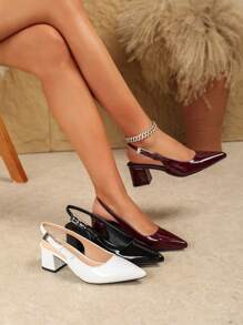 女士白色漆皮尖头单带粗跟高跟鞋，优雅尖头正式高跟鞋，时尚踝带高跟鞋 - 白色 - 查看 7