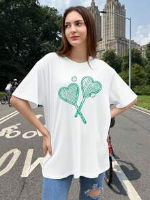 棉质女式 T 恤，心形网球拍印花，100% 纯棉，基本款宽松休闲百搭垂坠柔软透气短袖上衣 - 白色 - 查看 3