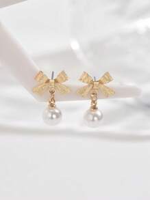 1 对时尚仿珍珠蝴蝶耳环，适合日常佩戴和派对 - 金色 - 查看 5