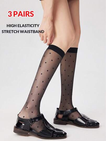 1/3 Pairs Women's Fashion Polka Dot Print Over The Calf Socks, Cozy