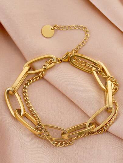 1 件不锈钢女士派对约会办公室工作者双层链手链派对风格礼物，适合万圣节、圣诞节、女士珠宝、叠戴金手链