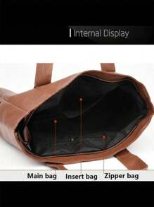 1pc Fashionable High-End Solid Color PU Leather Tote Bag, Suitable For Work Commute Or Daily Use, Handheld Or Shoulder Carry - Brown - View 2