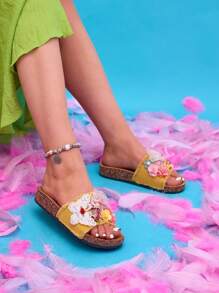 Women's Slippers With Fabric Flowers InOsosi- Footwear - Yellow - View 2