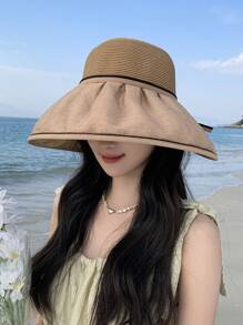 1pc Women's Spring/Summer New Plain Color Crystal Bow Splice Raffia Straw Hat, Fashion Versatile Lightweight Breathable Wind-Resistant Sun-Shading Hat For Outdoor Travel, Vacation, Sun Protection, Wide Brim, Suitable For Daily Use - Solid Color - View 9