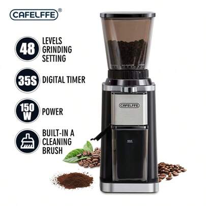  CAFELFFE 150W antistatisk konisk kaffekvarn med exakt elektronisk timer och 48 malningsinställningar, svart