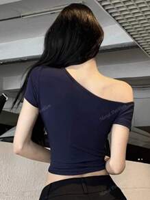 Chic Asymmetric Neck Short Sleeve Fitted Cropped T-Shirt Blouse