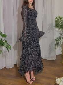 Vestido irregular con parches de manga de volantes de gasa con lunares para mujer - Negro - Ver 7