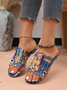女士抽象不对称彩虹色平底凉鞋，时尚多色沙滩鞋，夏季穿搭 - 藍色 - 查看 4