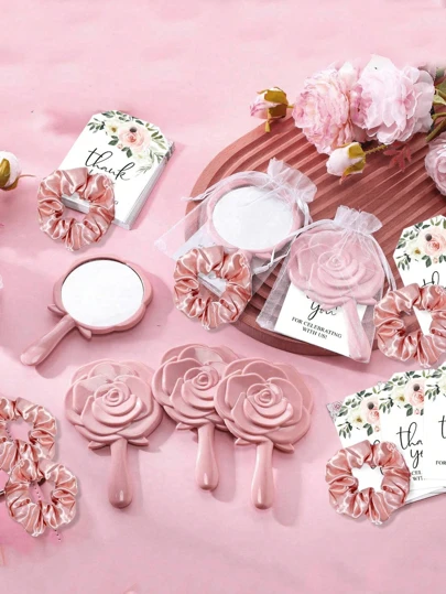 18/16/3pcs Rose Shape Handheld Makeup Mirror, Rose Gold Satin Hairband, Floral Thank You Picture, Drawstring Organza Bag, Wedding Favor Set, Bridal Shower Bridesmaids Gifts, Wedding Souvenir Set, Bachelorette Bride Overnight Party Spa Party Supplies, Coming Of Age Ceremony Wedding Party Guest Souvenir Gifts,