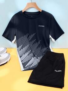 CAMEL CROWN 男士套装羽毛球服训练服速干运动T恤短裤男士网球服乒乓球上衣夏季 - 黑色 - 查看 3