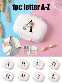 便携式 8 格密封药盒防尘防潮药品储存盒，每周 7 天使用，黑色雏菊向日葵字母艺术字母设计，首字母旅行药丸收纳盒，8 隔层便携式 A-Z 字母药丸盒，每日药丸盒，用于存放维生素，口袋钱包药品收纳盒的小药丸容器，字母 ID 吊饰收纳盒