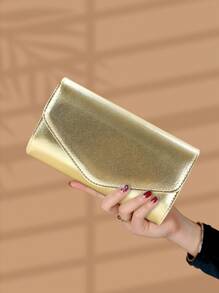 1pc Solid Color PU Magnetic Clasp Chain Clutch Bag, Suitable For Daily Use, Dates And Parties - Gold - View 2