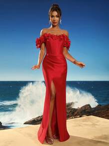 Toosun Elegant 3D Hand Floral Decor Formal Evening Gown Slim Fit And Fishtail Hem Design And High Slit Hem, Party Dress, Wedding Guest Dress, Evening Dress - Red - View 4