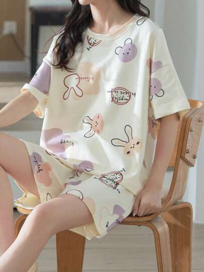 AICJ Cute Bunny And Color Block Print Pajama Set, Casual Short Sleeve Crew Neck T-Shirt And Pocket Shorts, Women's Pajama Loungewear Set 2 Pieces, Two Pieces Set