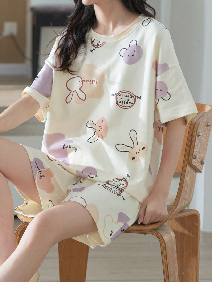 AICJ Cute Bunny And Color Block Print Pajama Set, Casual Short Sleeve Crew Neck T-Shirt And Pocket Shorts, Women's Pajama Loungewear Set 2 Pieces, Two Pieces Set - Multicolor - View 1