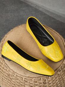 WHDXY 1 Pair Dragonfly Embroidered Women's Soft Bottom Square Toe Flat Slip-On Shoes, Comfortable Professional Work Shoes, French Elegant Mary Janes, Suitable For Spring & Autumn