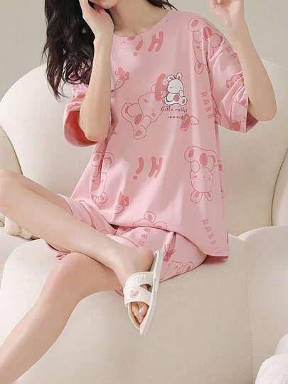 AICJ 休闲简约兔子印花圆领短袖上衣和短裤两件套睡衣套装，母亲节、情人节、新年礼物，两件套