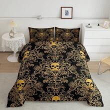 Erosebridal 2/3 Pcs Adults Damask Bedding Set, Antique Victorian Baroque Comforter Set, Soft And Comfortable Gothic Vintage Floral Quilt Set, Exotic Sugar Skull Gothic Bone Skeleton Bohemian Decor For Bedrooom Guest Room - Perfect Presents, Microfiber(YellowBlack) - 黃色黑色 - 查看 3