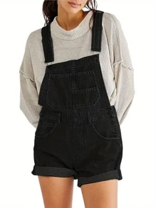 Women Denim Bib Overalls Adjustable Straps Pocket Romper Shorts Casual Rolled Cuff Shortalls