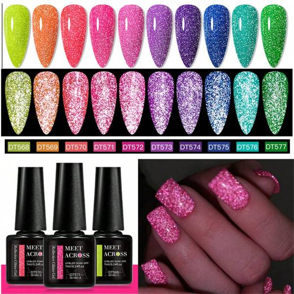 MEET ACROSS 10 pièces Vernis à ongles gel pailleté fluorescent réfléchissant de 7 ml, ensemble rose et bleu étincelant, vernis gel néon pailleté pour l'été. Vernis semi-permanent UV LED pour nail art de manucure en salon ou à la maison