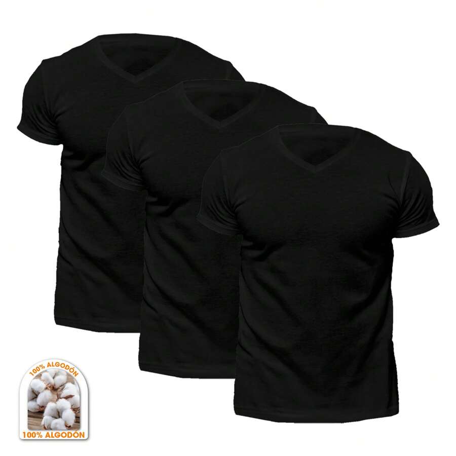 Juego de 3 Camisetas Playeras para Hombre Cuello en V THAT'S HOT, 100% Algodón, Cómoda y Juvenil - Moda Cabellero Cómodo Elegante Casual Confortable Excelente Calidad para Caballero, Moderno, Actual. El mejor regalo para Novio, Hijo, Esposo, Papa, Tio, Amigo, Aniversario, San Valentín, Dia del padre, Navidad, Cumpleaños. BHI23-4562-TRES - Negro - Ver 1