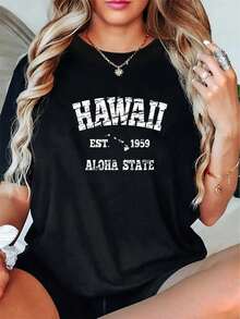 100% Cotton Casual Tshirt Hawaiian Aloha State Graphic Vintage Hawaiian Islands T-Shirt - Black - View 1