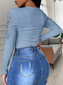 Lace Panel Long Sleeve Tops Button Half V Neck Slim Fit Basic Casual Daily Wear