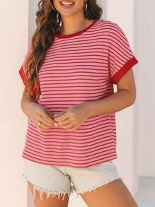 CILKOO Batwing Sleeve Striped Knitted Round Neck T-Shirt For Summer