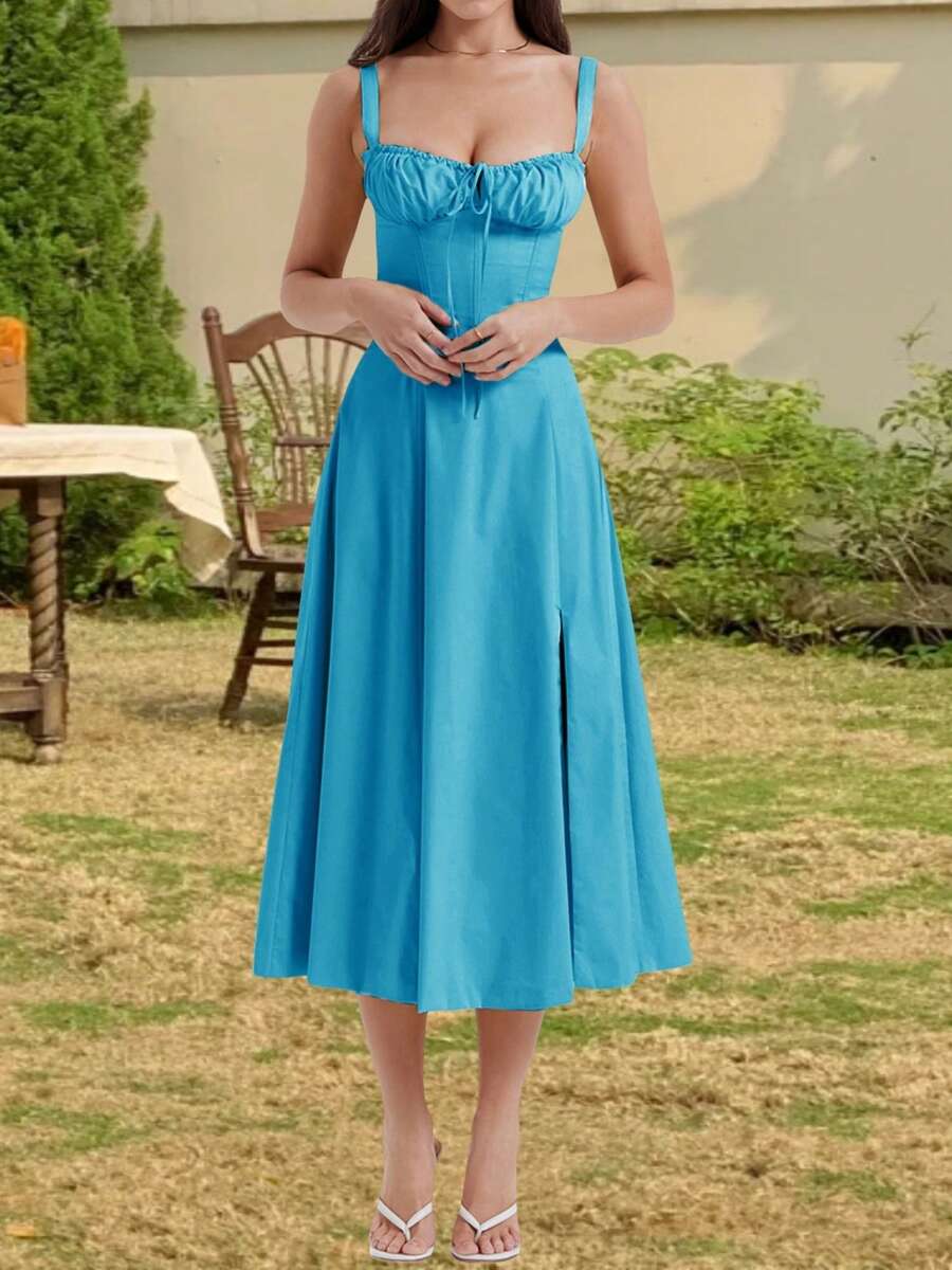 Summer Dresses For Women Y2k Sleeveless Midi Dress Bandage Formal Cocktail Prom Party A-Line Dress High Splitting Long Skirt For Nightclub Slim Fit Backless Flowy Dress Summer Vacation Beach Dress Sundress Graduation Dress French Cottagecore Floral Dress - Baby Blue - View 1